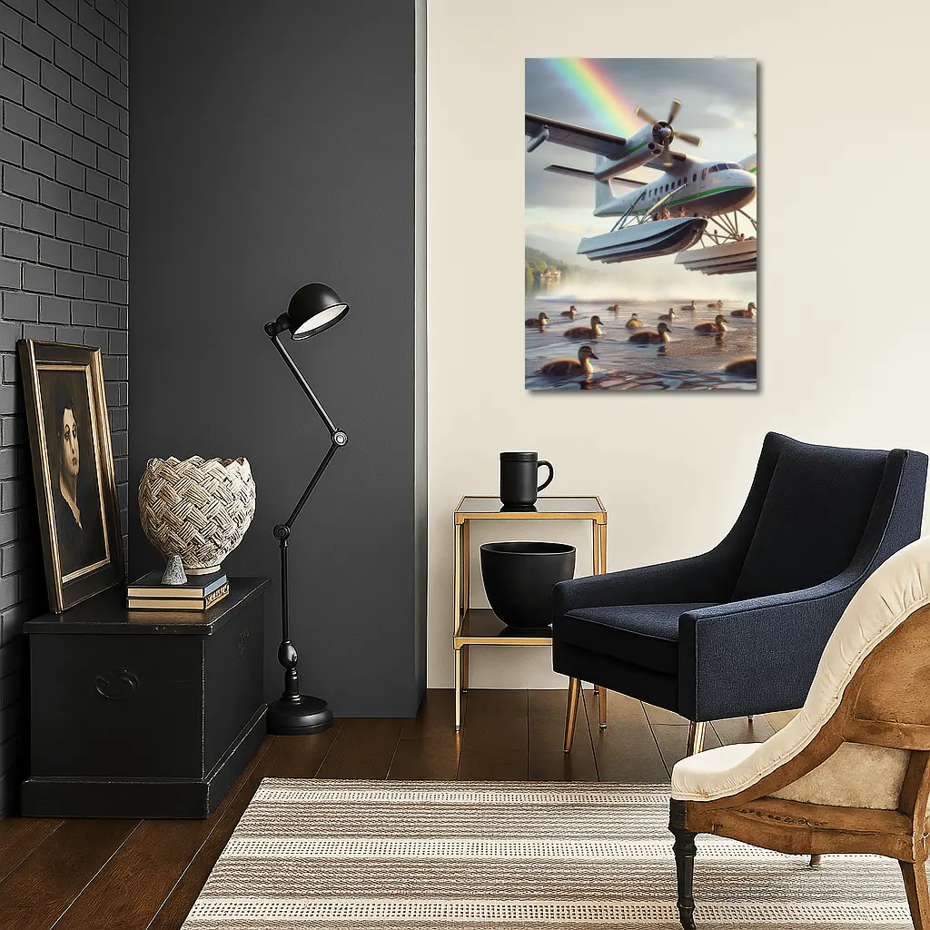 Seaplane Landing on Lake With Rainbow – Wall Art