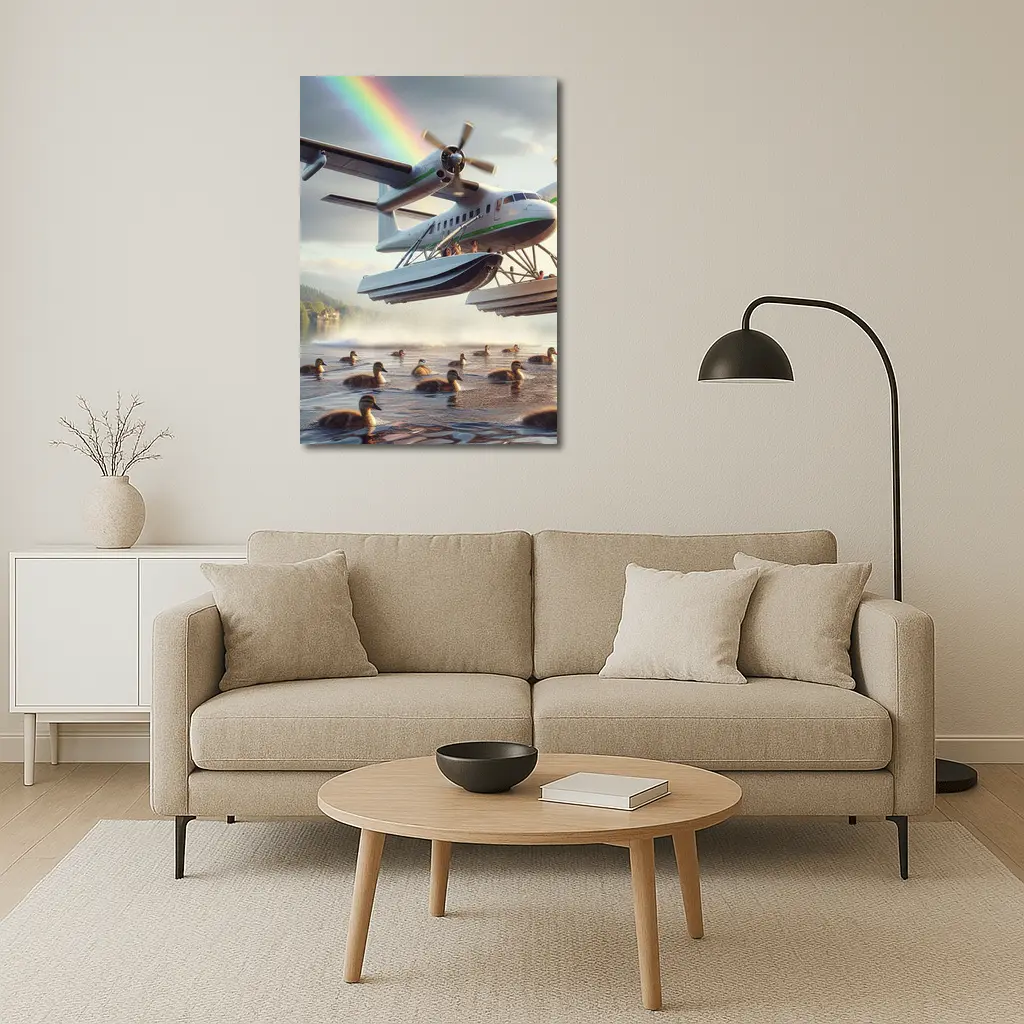 Seaplane Landing on Lake With Rainbow – Wall Art