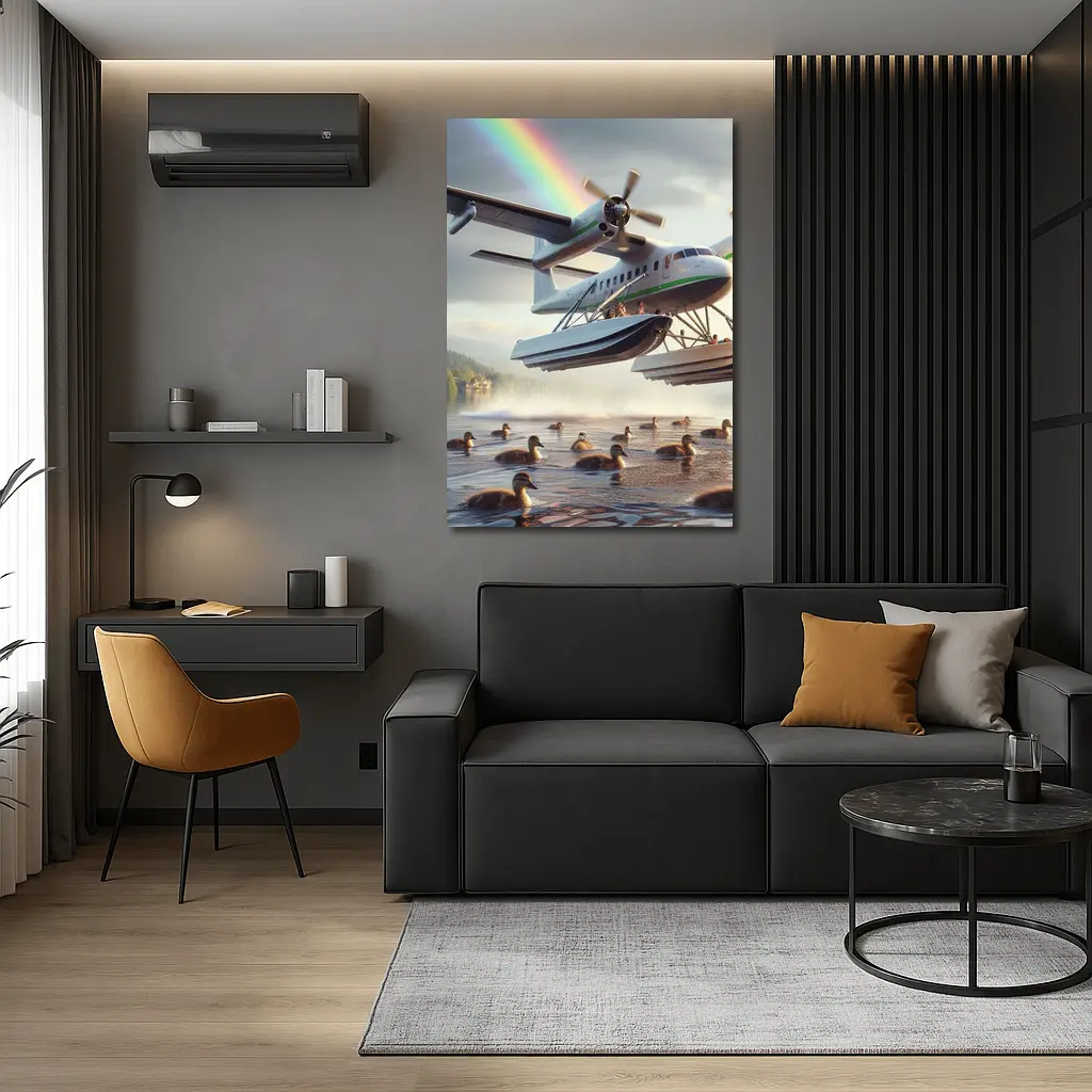 Seaplane Landing on Lake With Rainbow – Wall Art