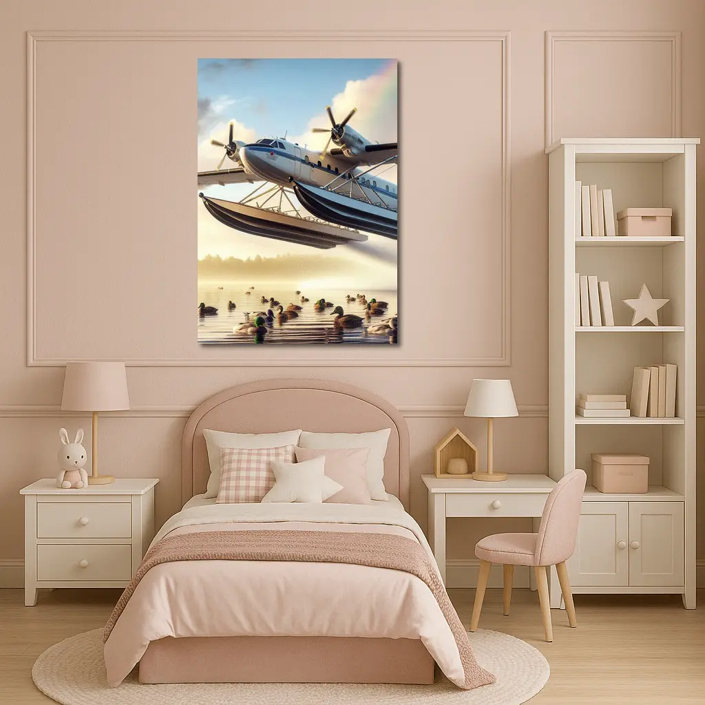 Seaplane Flying Over Misty Lake Ducks – Wall Art