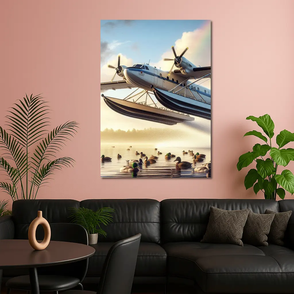 Seaplane Flying Over Misty Lake Ducks – Wall Art