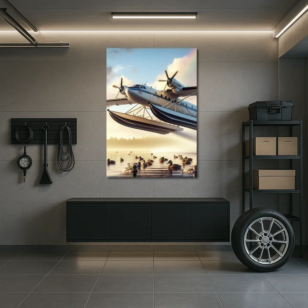 Seaplane Flying Over Misty Lake Ducks – Wall Art