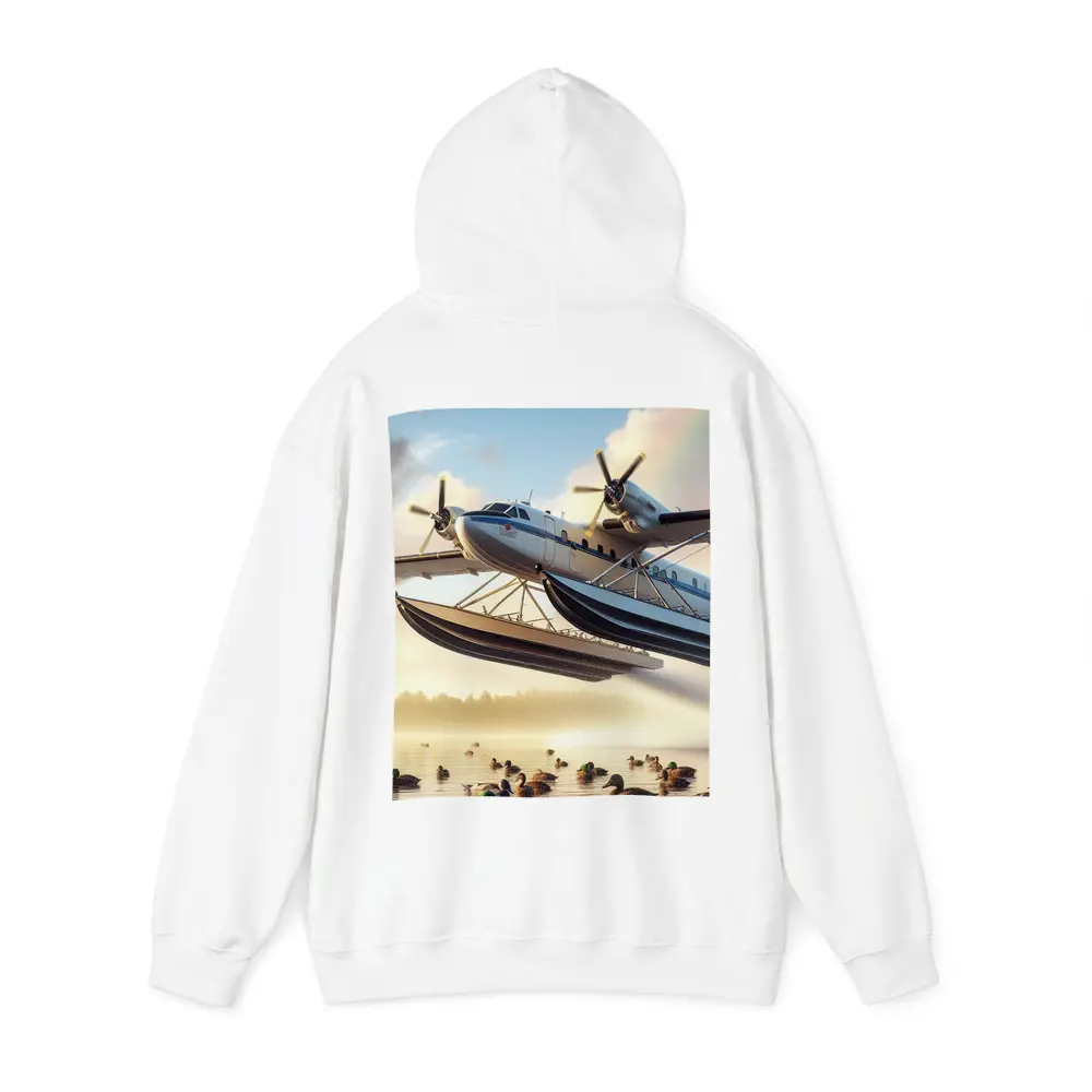 Seaplane Flying Over Misty Lake Ducks – Hoodies