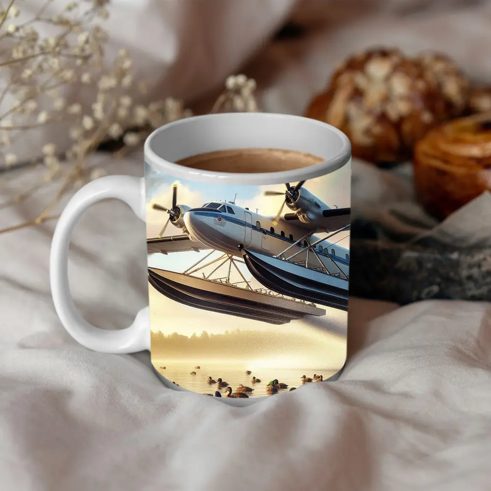 Seaplane Flying Over Misty Lake Ducks – Mugs