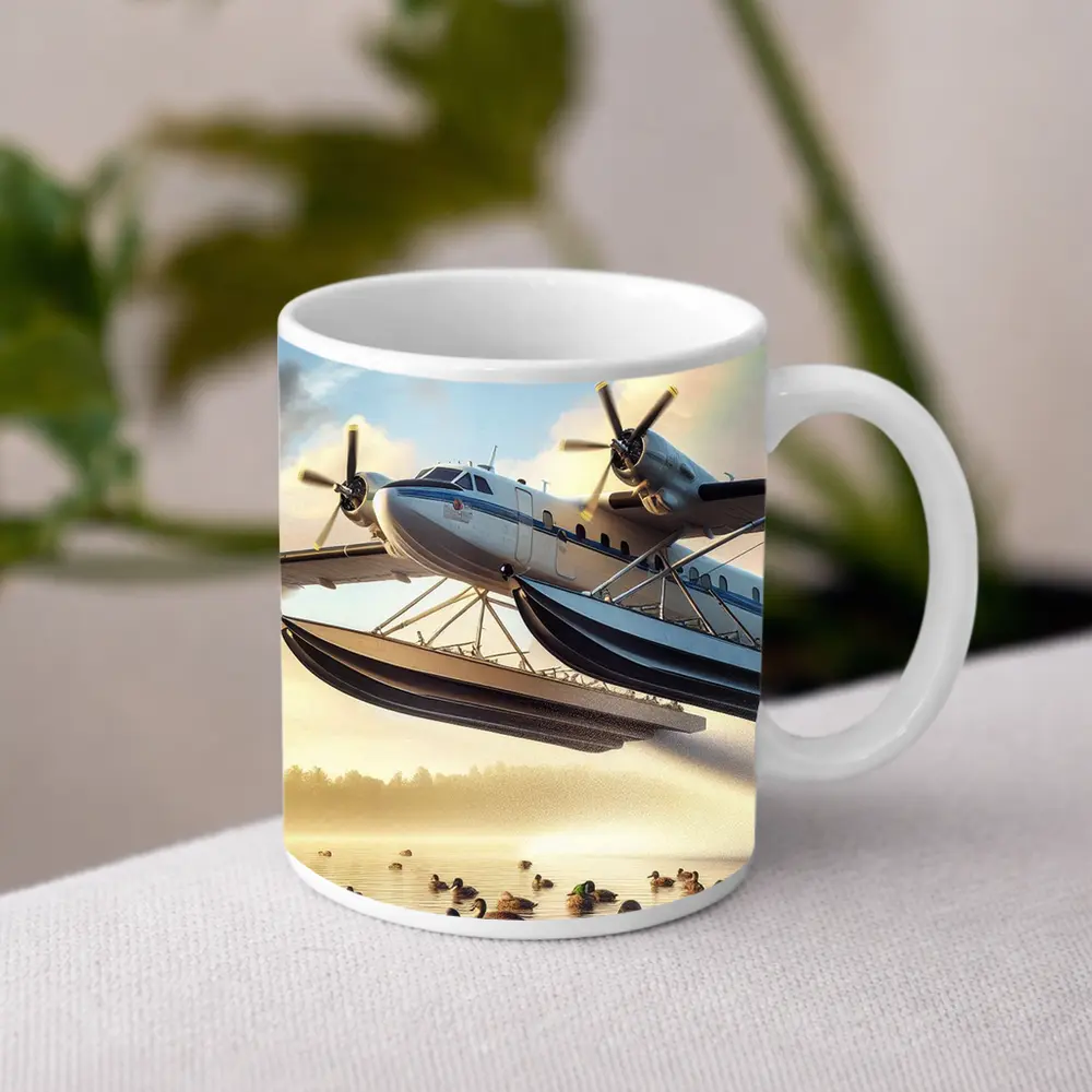 Seaplane Flying Over Misty Lake Ducks – Mugs