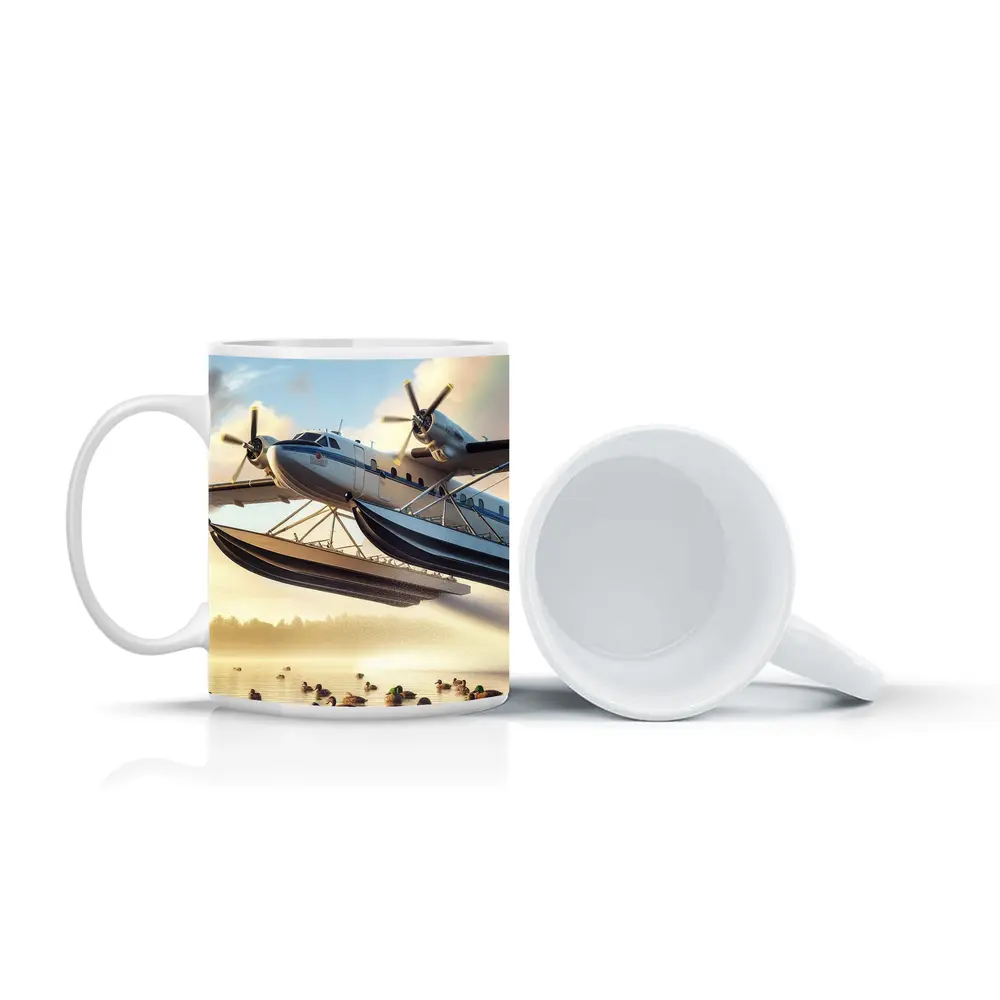 Seaplane Flying Over Misty Lake Ducks – Mugs