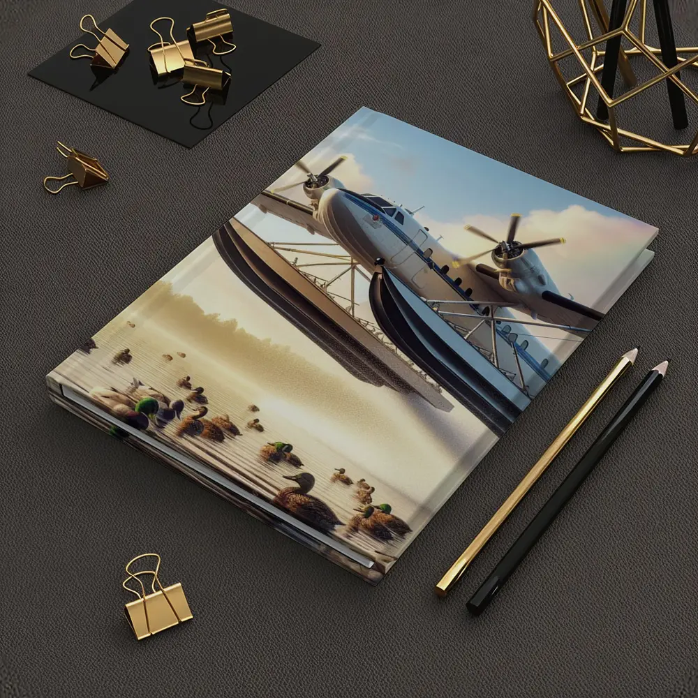 Seaplane Flying Over Misty Lake Ducks – Notebooks