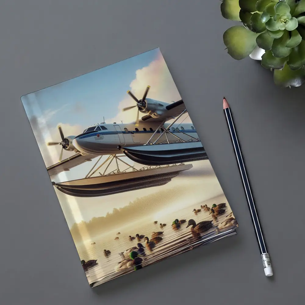 Seaplane Flying Over Misty Lake Ducks – Notebooks