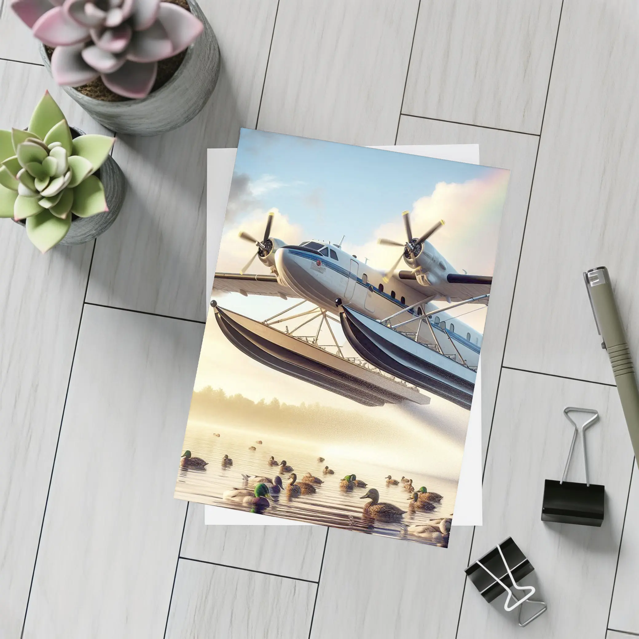 Seaplane Flying Over Misty Lake Ducks – Postcards