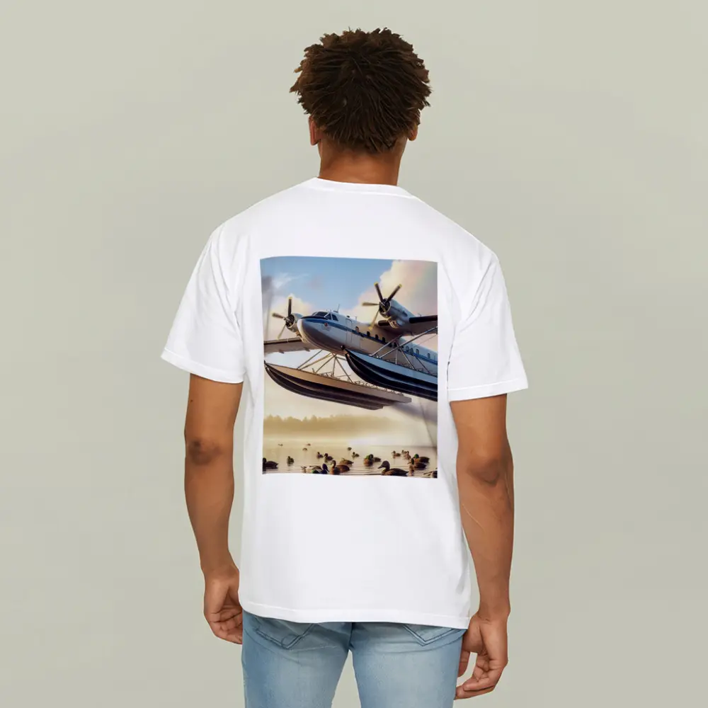 Seaplane Flying Over Misty Lake Ducks – T-Shirts