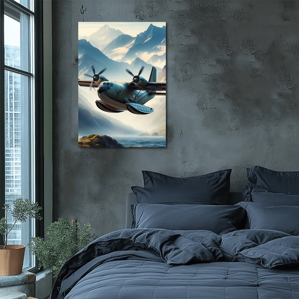 Twin Engine Seaplane Flying Over Mountain Lake – Wall Art