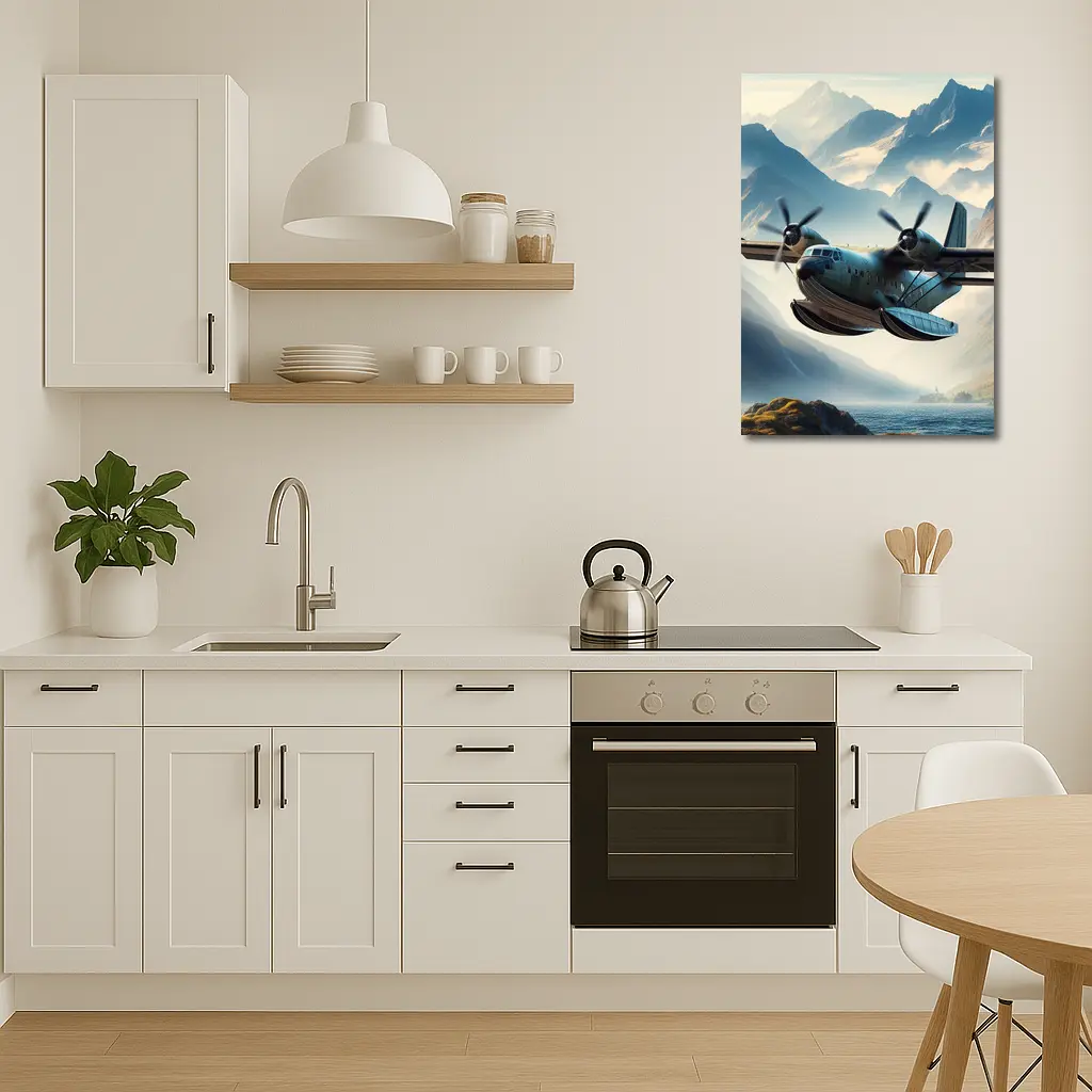 Twin Engine Seaplane Flying Over Mountain Lake – Wall Art