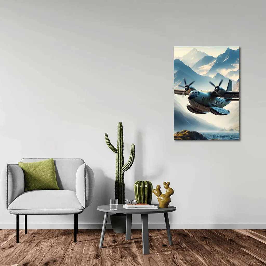 Twin Engine Seaplane Flying Over Mountain Lake – Wall Art