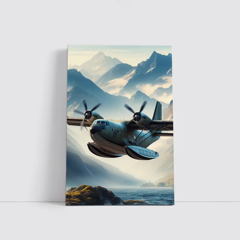 Twin Engine Seaplane Flying Over Mountain Lake – Wall Art
