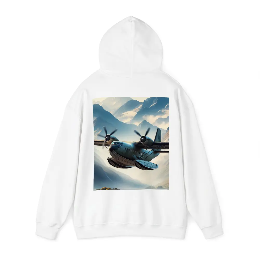 Twin Engine Seaplane Flying Over Mountain Lake – Hoodies