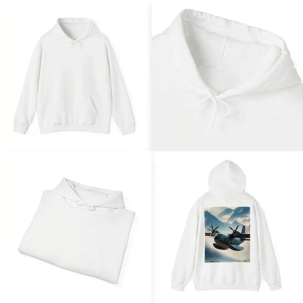 Twin Engine Seaplane Flying Over Mountain Lake – Hoodies
