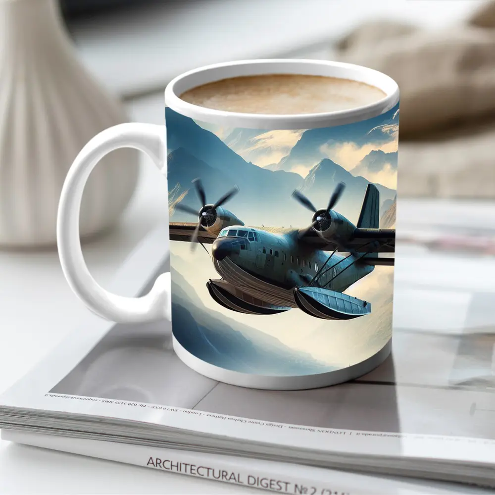 Twin Engine Seaplane Flying Over Mountain Lake – Mugs
