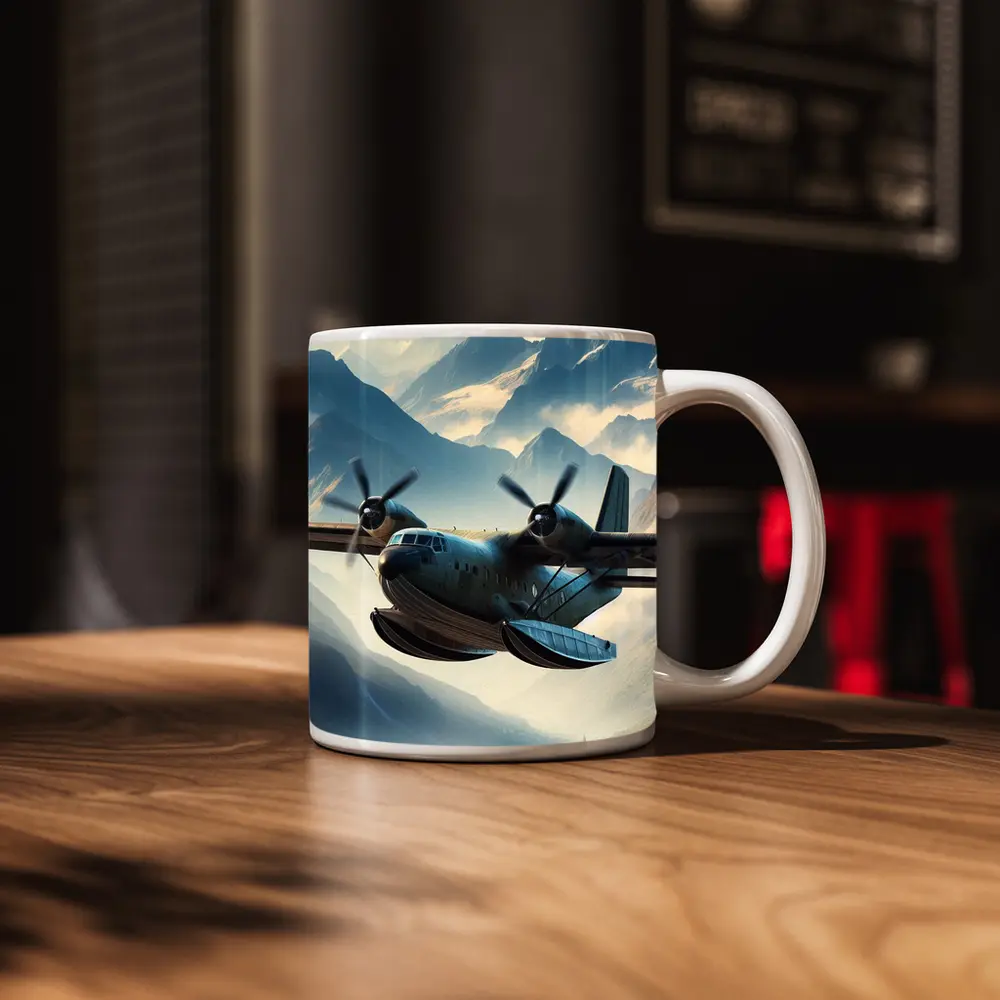 Twin Engine Seaplane Flying Over Mountain Lake – Mugs
