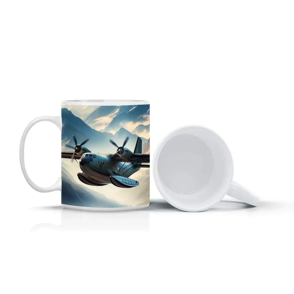 Twin Engine Seaplane Flying Over Mountain Lake – Mugs