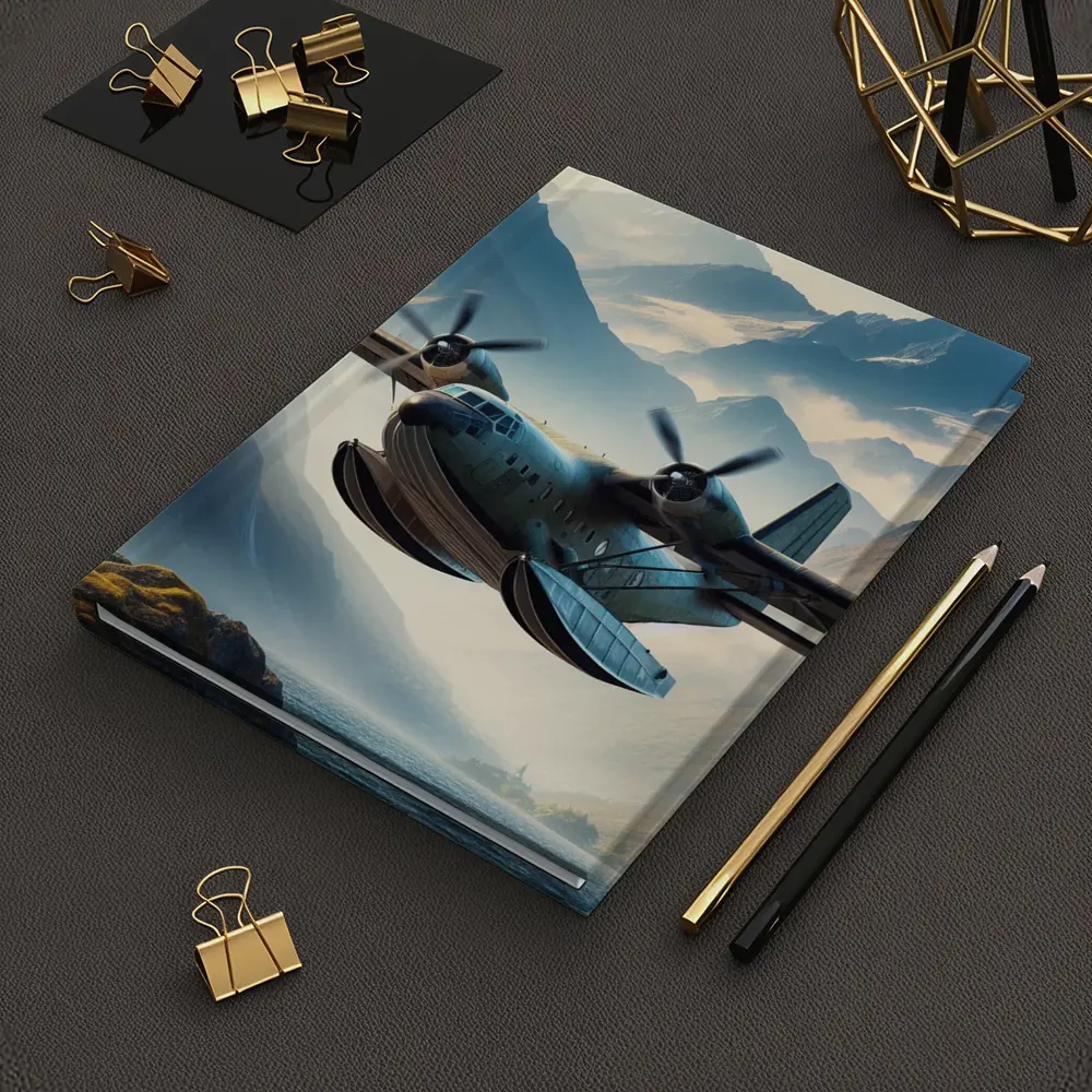 Twin Engine Seaplane Flying Over Mountain Lake – Notebooks