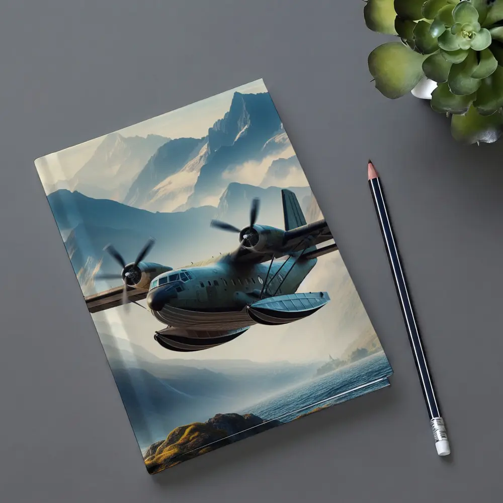 Twin Engine Seaplane Flying Over Mountain Lake – Notebooks
