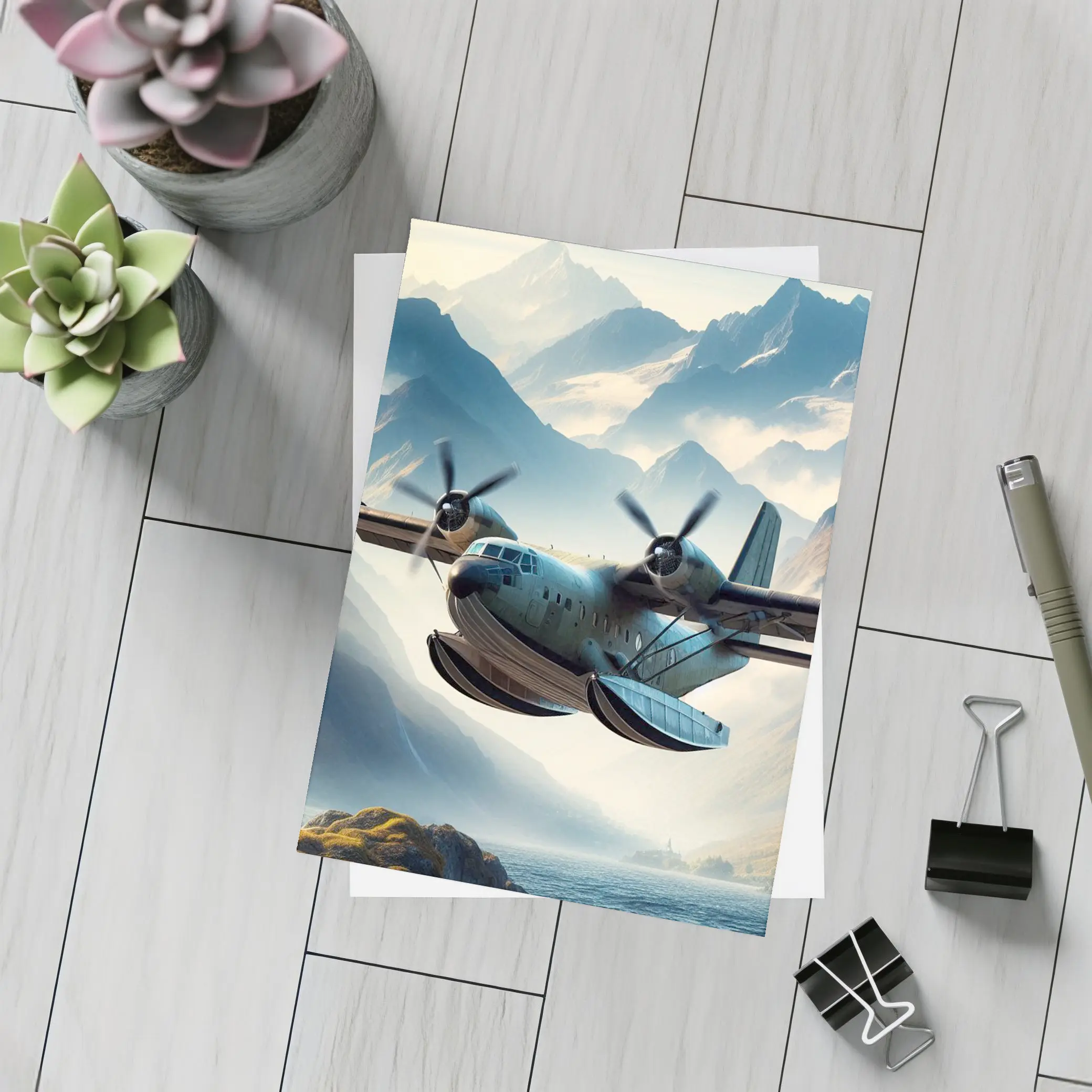 Twin Engine Seaplane Flying Over Mountain Lake – Postcards