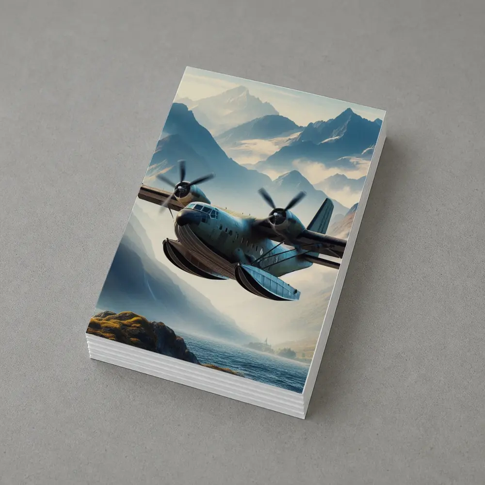 Twin Engine Seaplane Flying Over Mountain Lake – Postcards