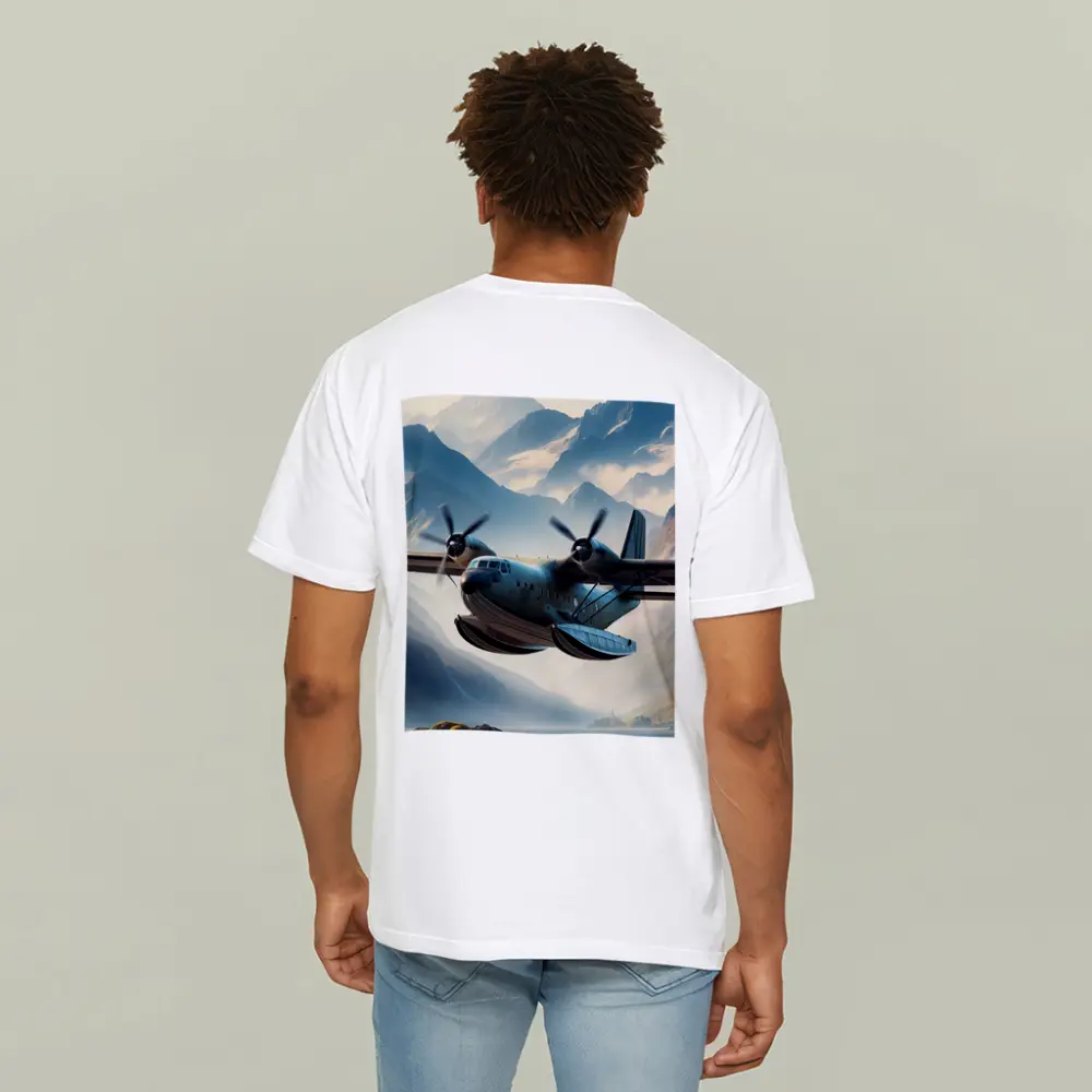 Twin Engine Seaplane Flying Over Mountain Lake – T-Shirts