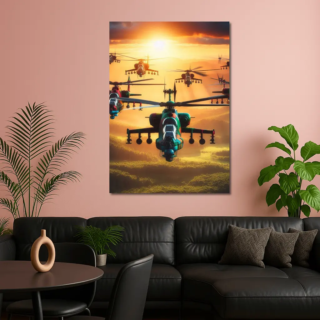 Attack Helicopters Flying Over Golden Sunset – Wall Art