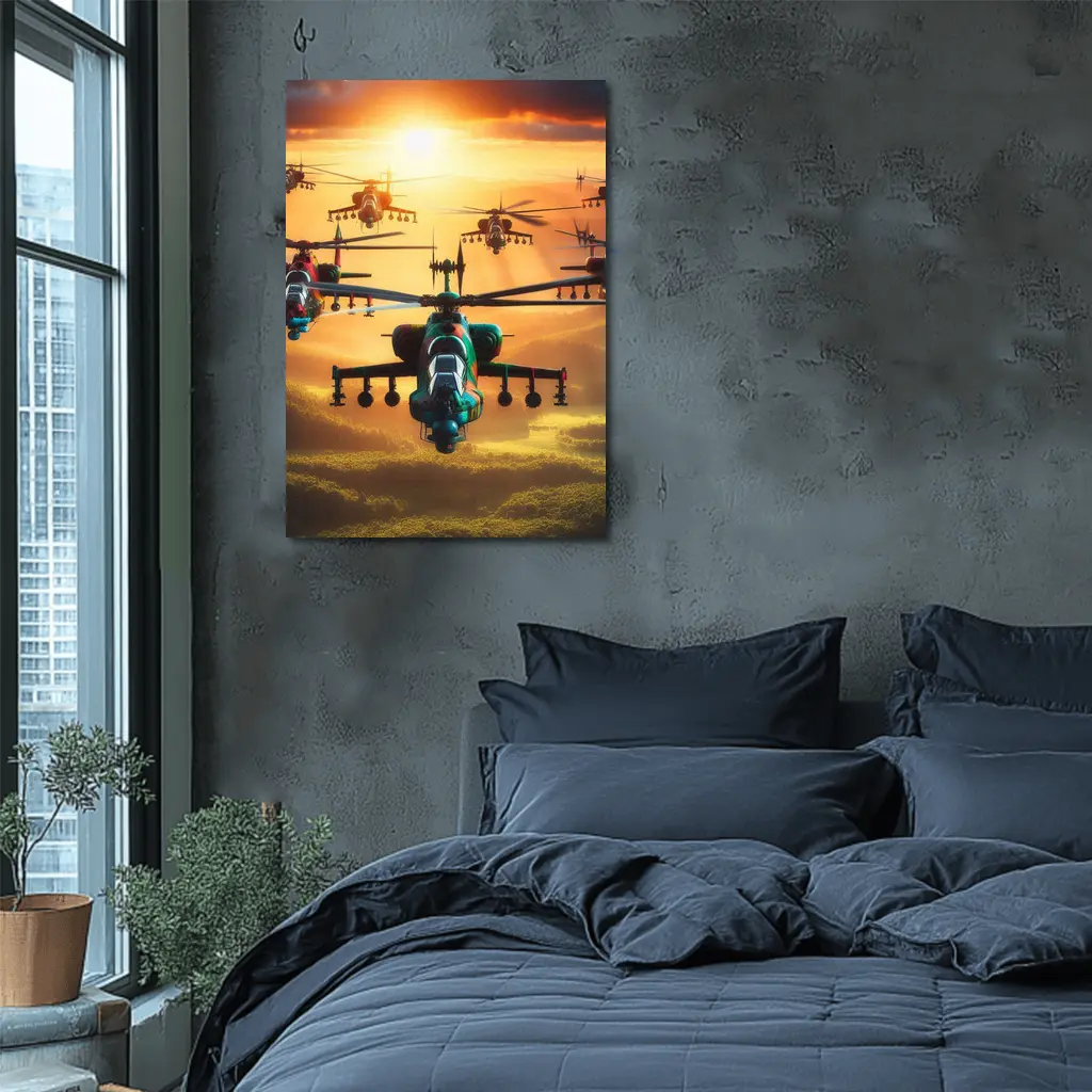 Attack Helicopters Flying Over Golden Sunset – Wall Art