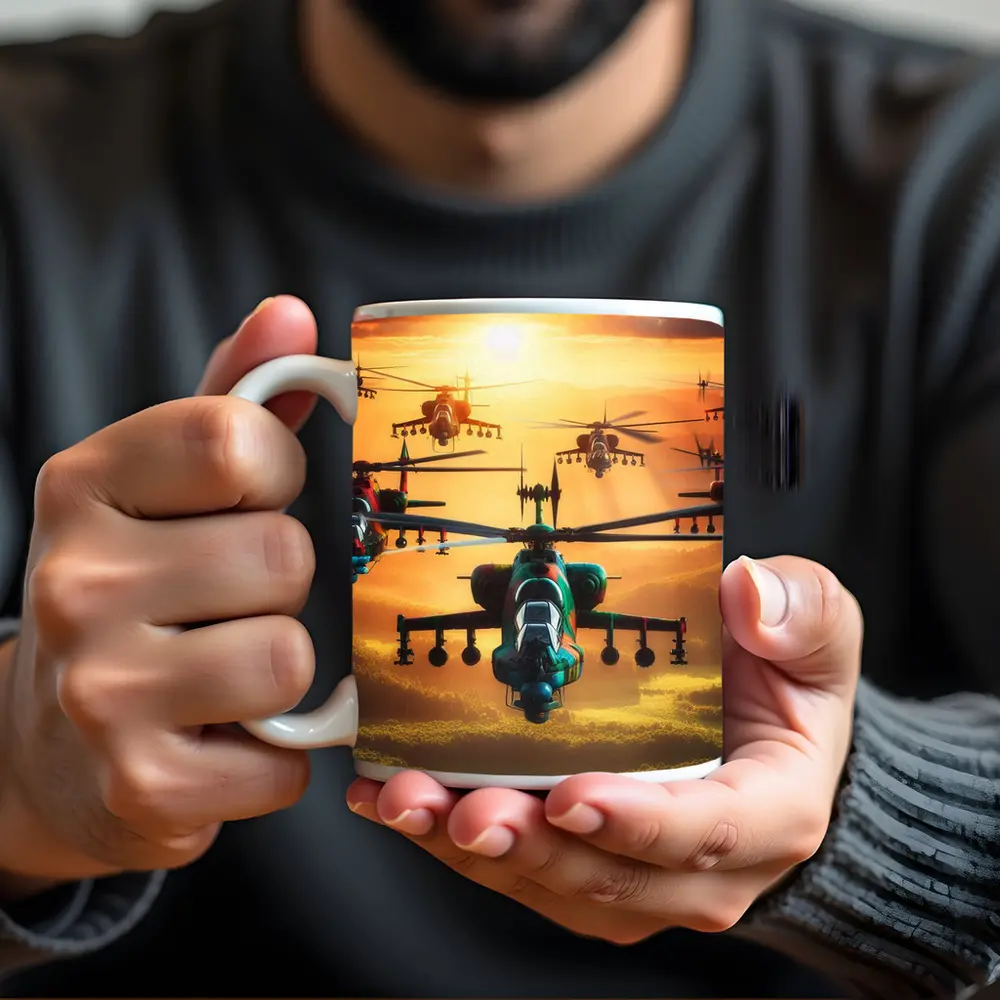 Attack Helicopters Flying Over Golden Sunset – Mugs