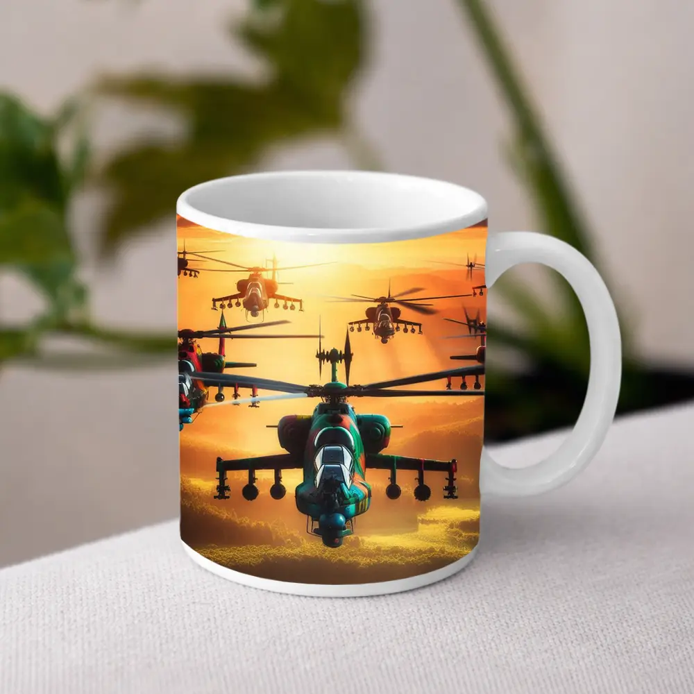 Attack Helicopters Flying Over Golden Sunset – Mugs