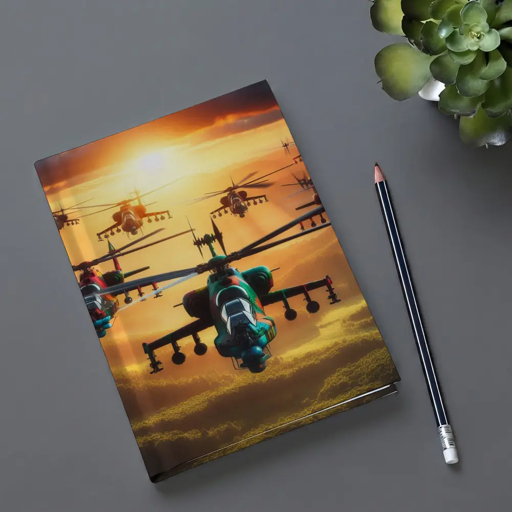 Attack Helicopters Flying Over Golden Sunset – Notebooks