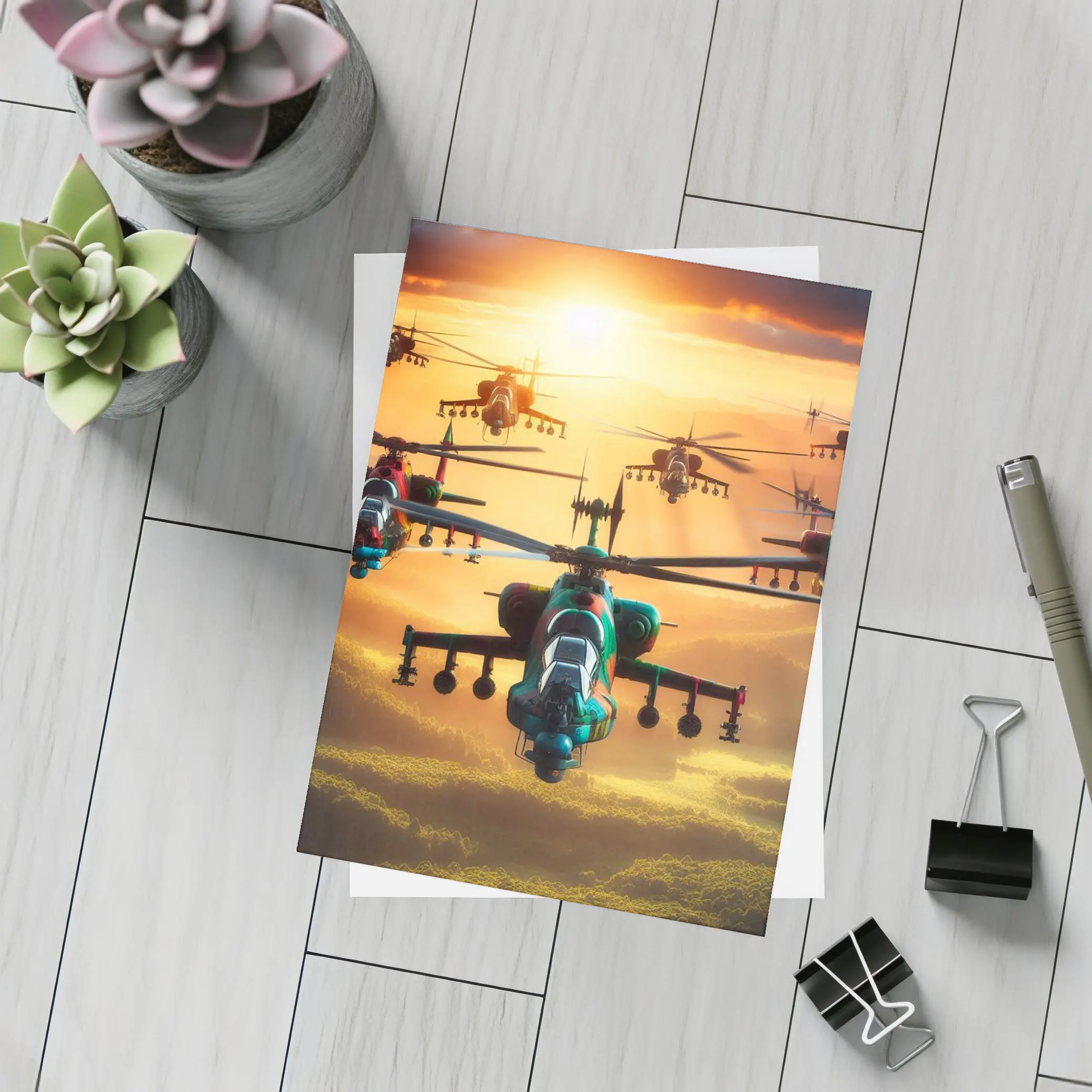 Attack Helicopters Flying Over Golden Sunset – Postcards