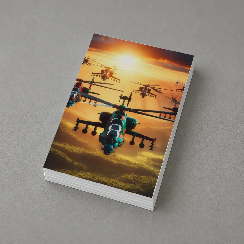 Attack Helicopters Flying Over Golden Sunset – Postcards