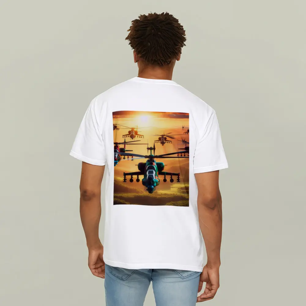 Attack Helicopters Flying Over Golden Sunset – T-Shirts