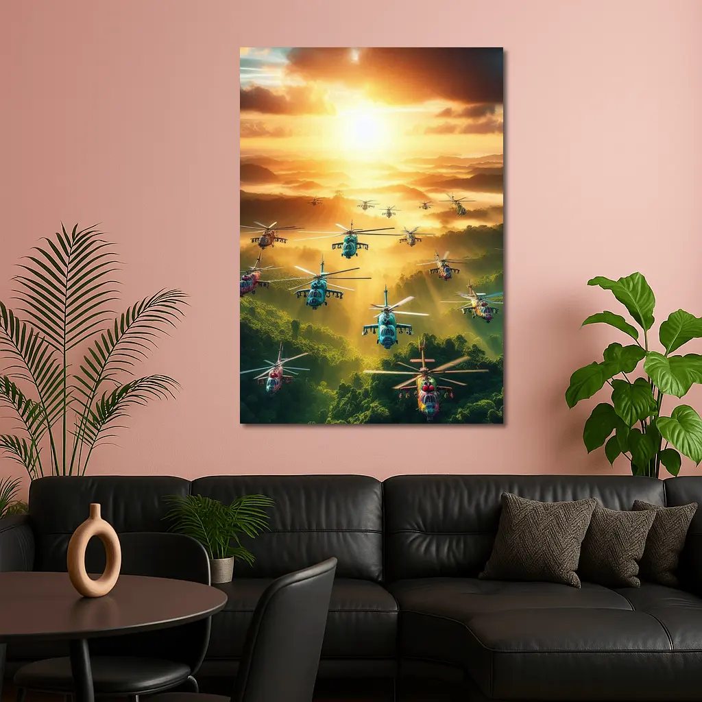 Military Helicopters Flying Over Jungle Sunset – Wall Art