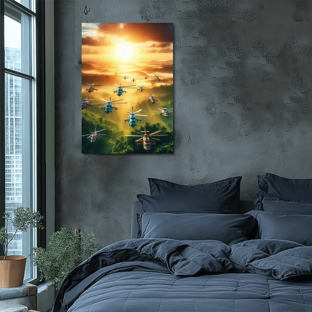 Military Helicopters Flying Over Jungle Sunset – Wall Art