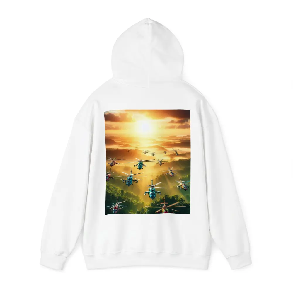 Military Helicopters Flying Over Jungle Sunset – Hoodies