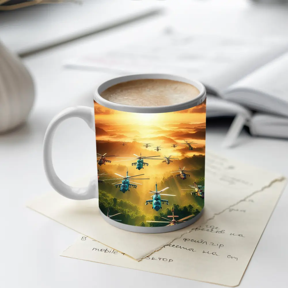 Military Helicopters Flying Over Jungle Sunset – Mugs