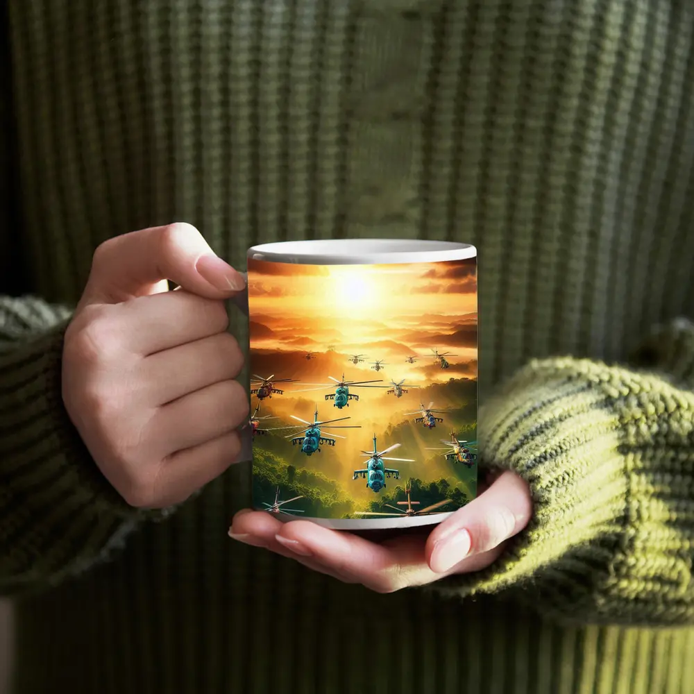 Military Helicopters Flying Over Jungle Sunset – Mugs