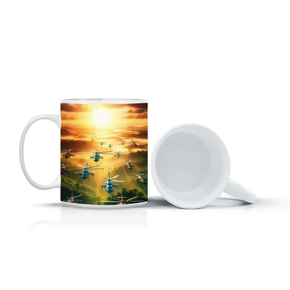 Military Helicopters Flying Over Jungle Sunset – Mugs