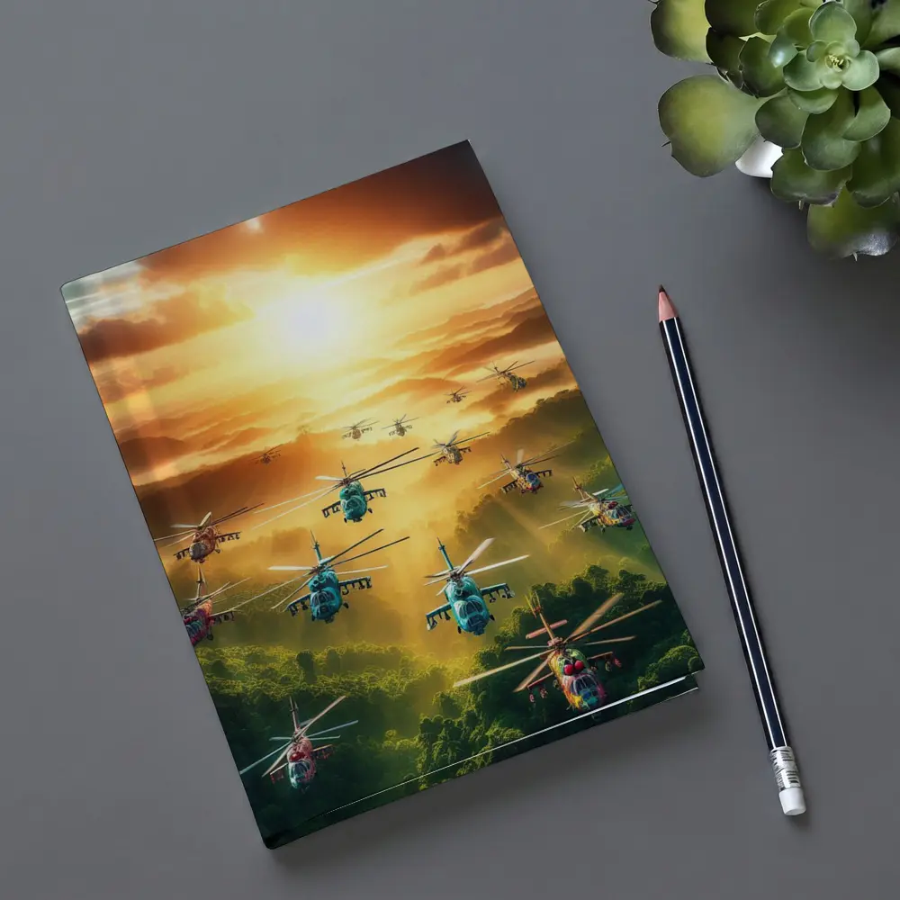 Military Helicopters Flying Over Jungle Sunset – Notebooks