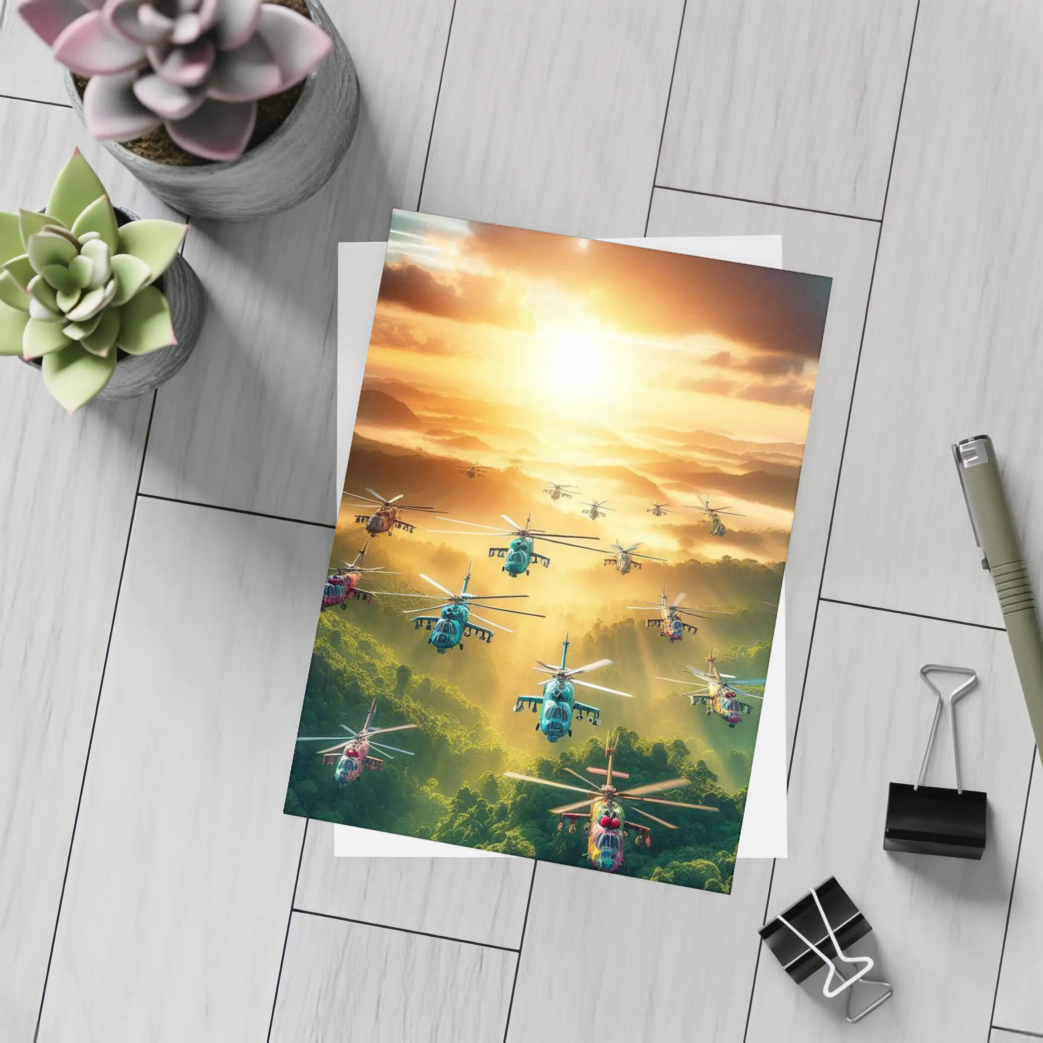 Military Helicopters Flying Over Jungle Sunset – Postcards
