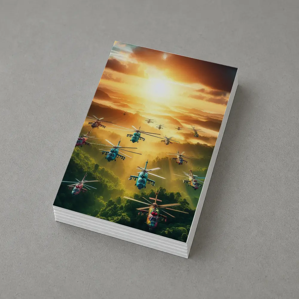 Military Helicopters Flying Over Jungle Sunset – Postcards