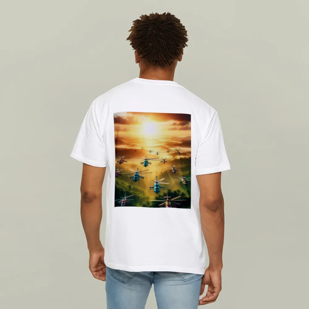 Military Helicopters Flying Over Jungle Sunset – T-Shirts