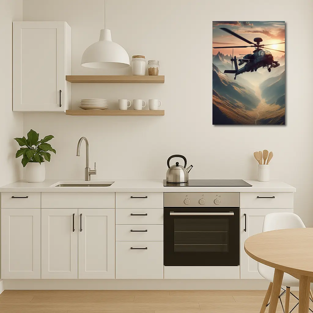 Military Apache Helicopter Flying Over Mountain Valley – Wall Art