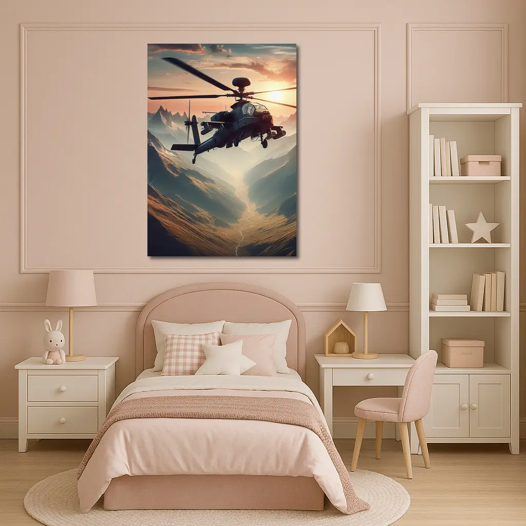 Military Apache Helicopter Flying Over Mountain Valley – Wall Art