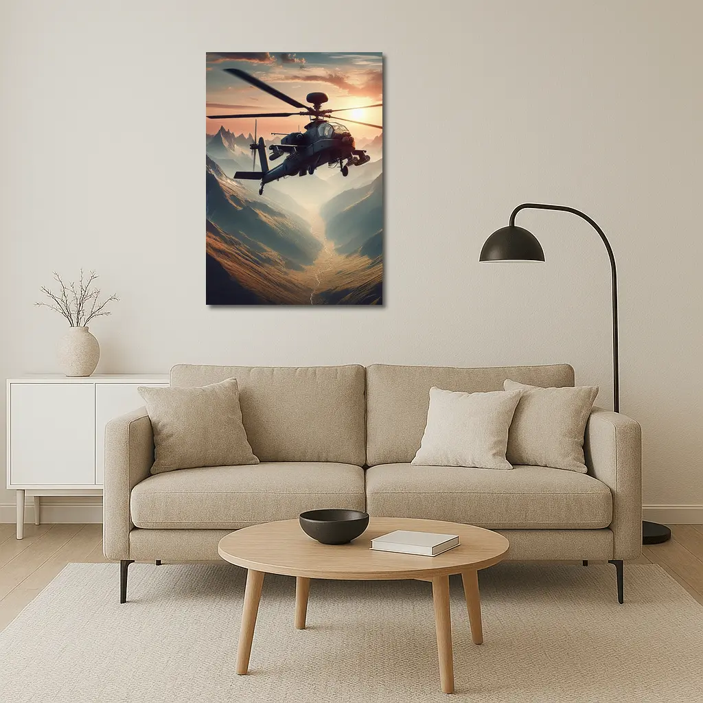Military Apache Helicopter Flying Over Mountain Valley – Wall Art