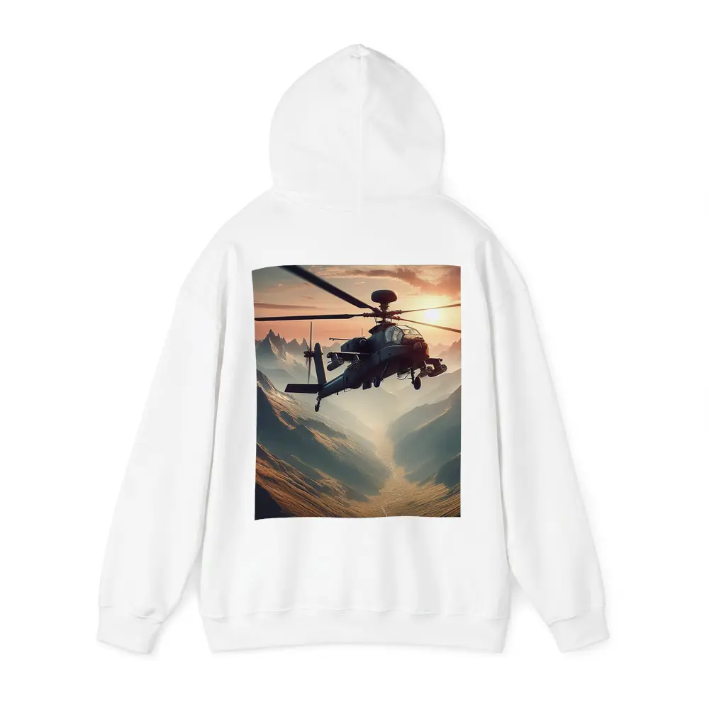 Military Apache Helicopter Flying Over Mountain Valley – Hoodies